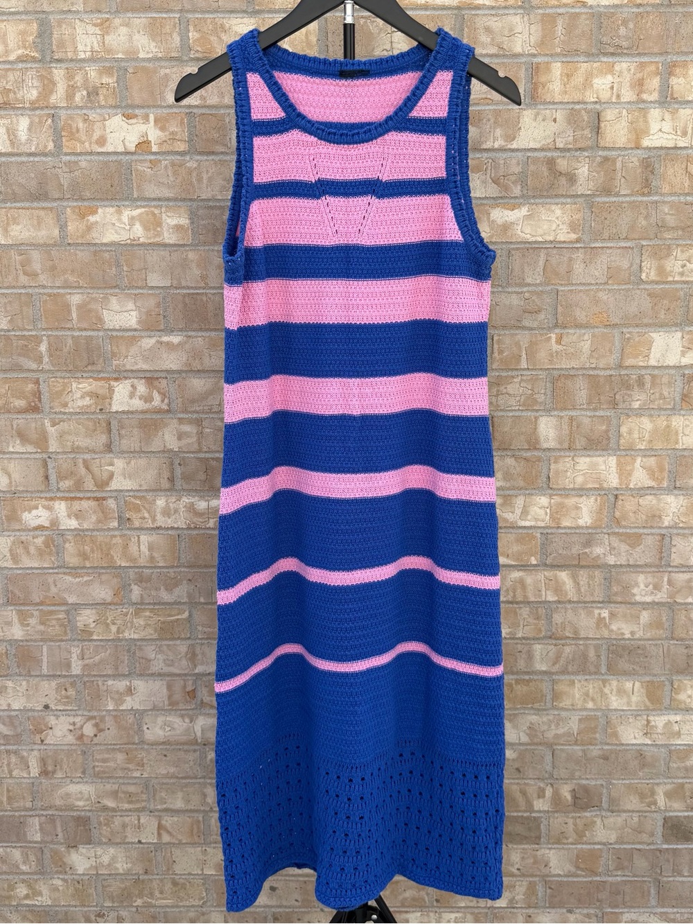 Blue & Pink Striped Crochet Knit Midi Maxi Dress Sleeveless Open Knit NO TAGS